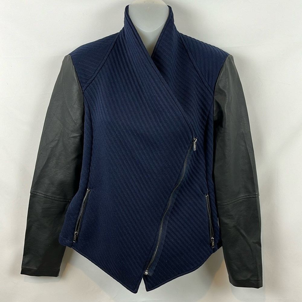 BB Dakota Asymmetrical Faux Leather Navy Blue Full Zip with Pockets Jacket Sz S
